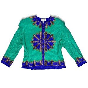 Vintage Adrianna Papell 100% Silk Blouse Jacket Green Purple Women's Size 10